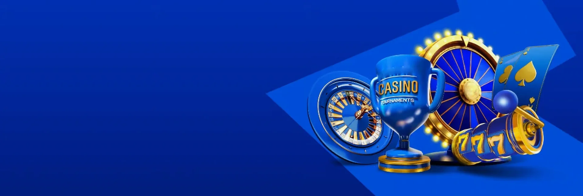 Roulette wheel, tournament trophy and casino props on a royal blue field